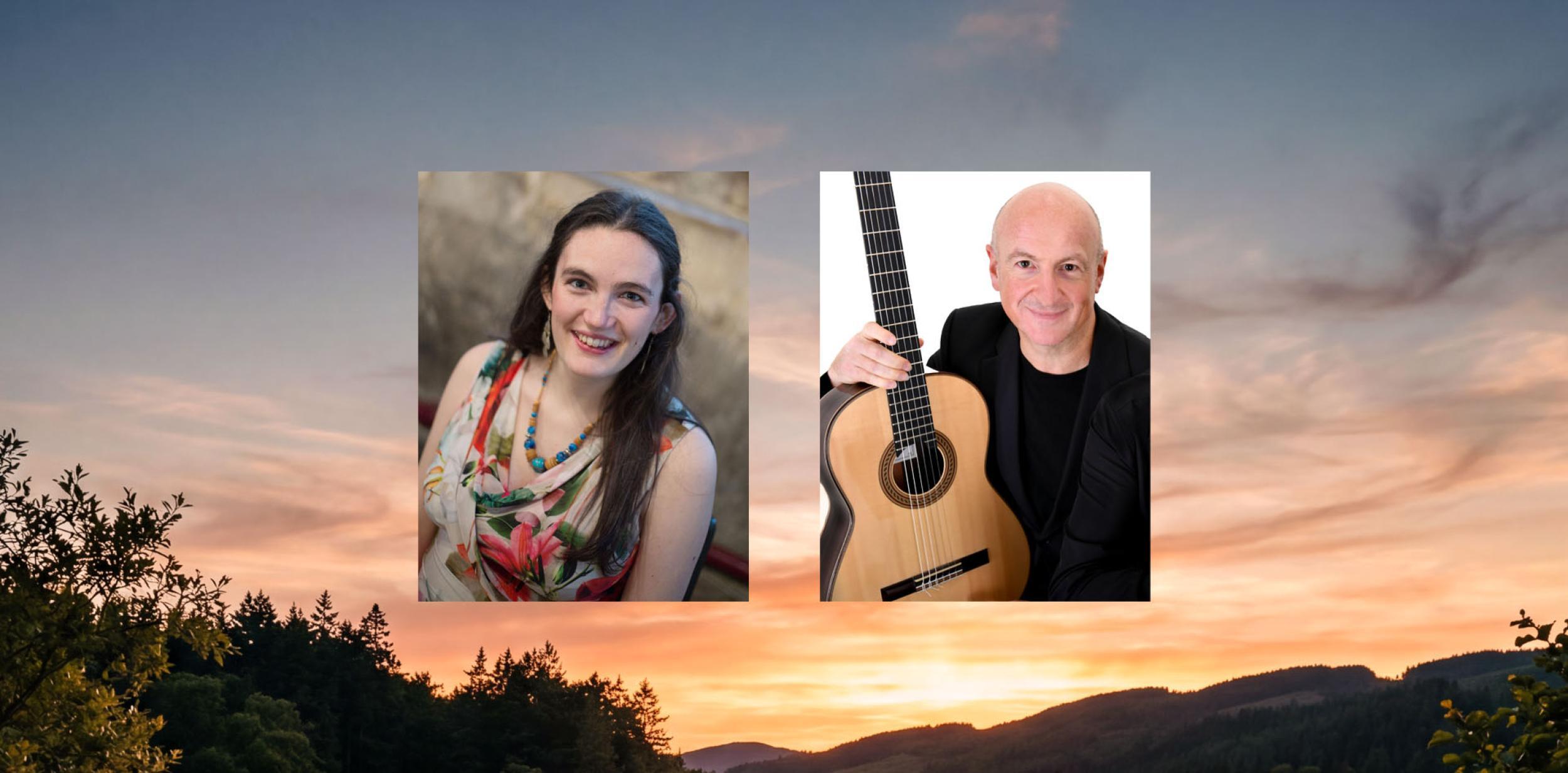 Images of a female and male musician against a sunset background