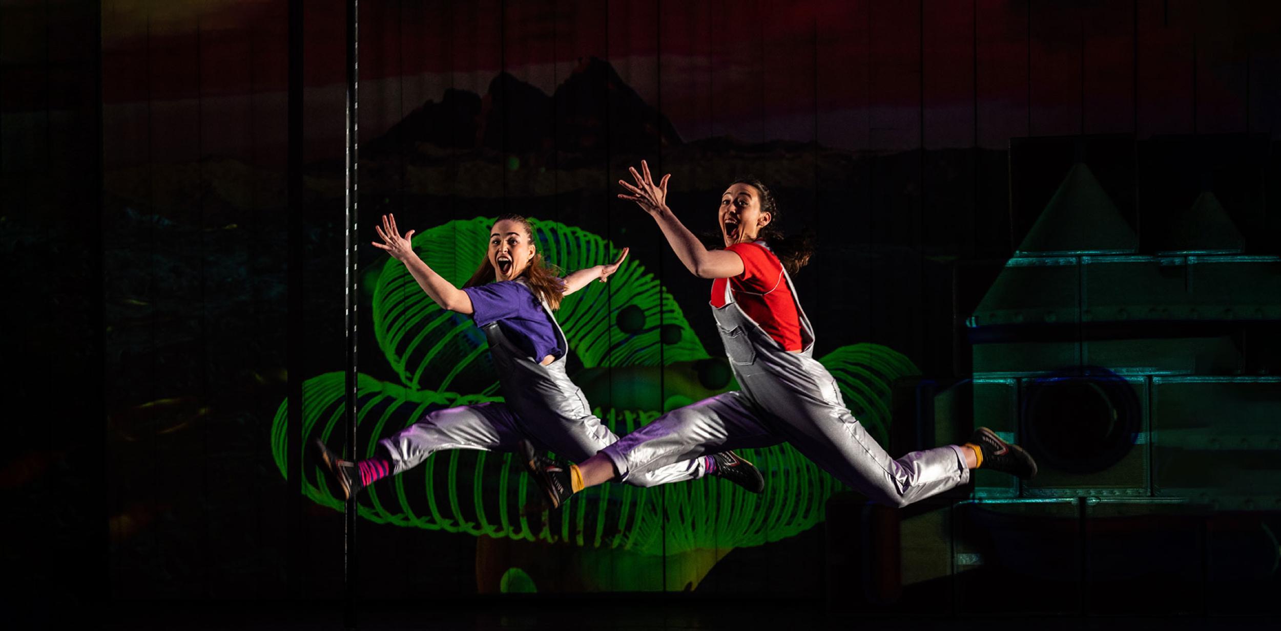 Two people leaping high into the air