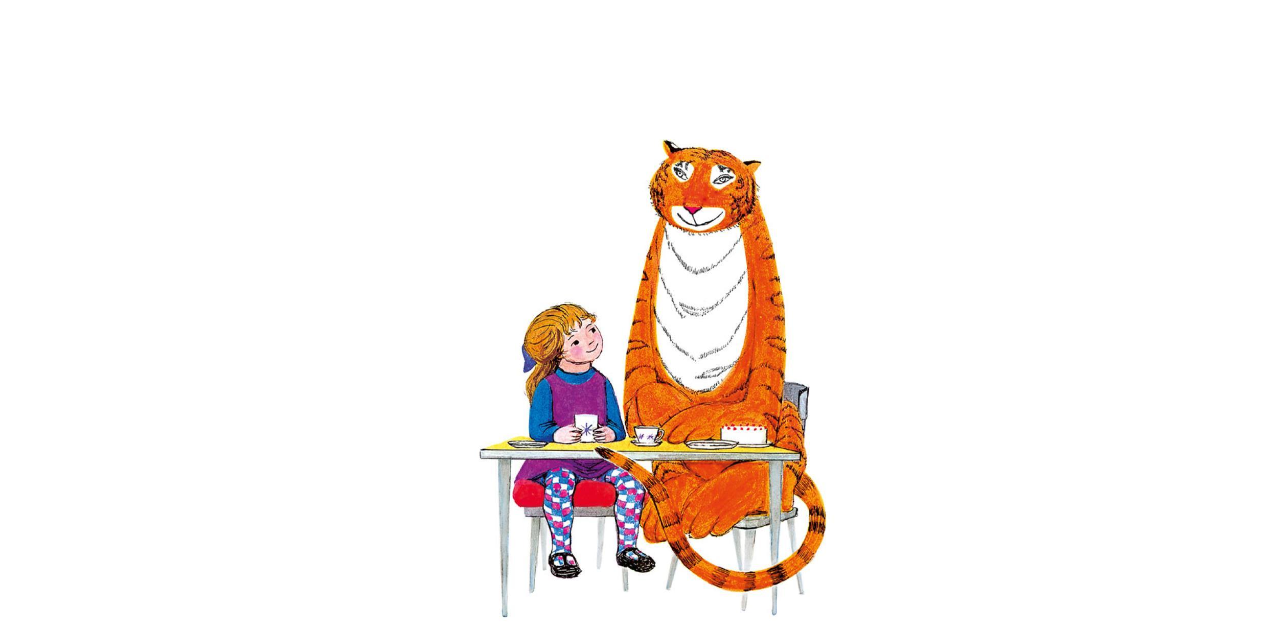 An illustration of a tiger and young girl having tea together