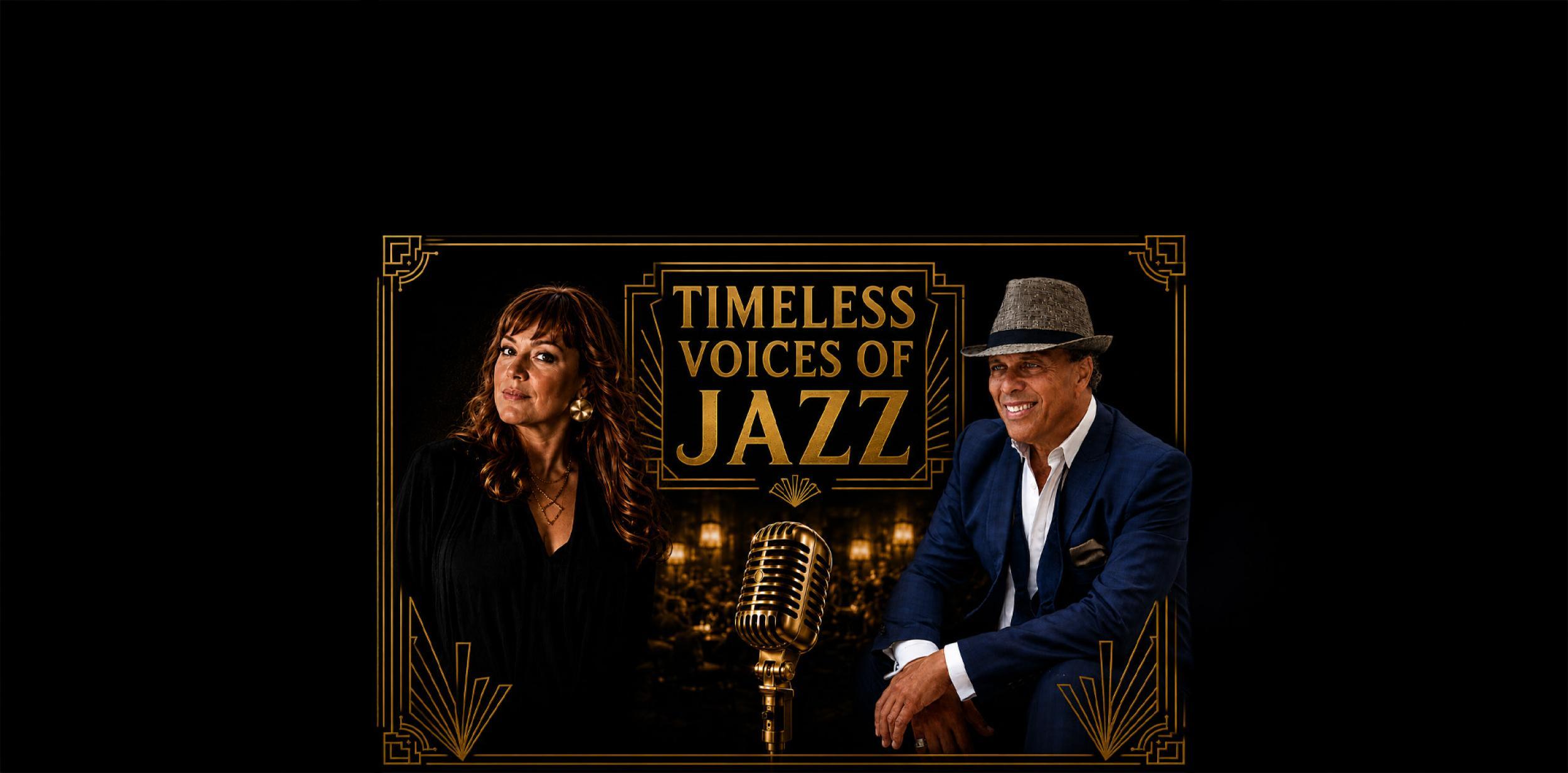 A man and woman sat beside show title with a dark background and gold border