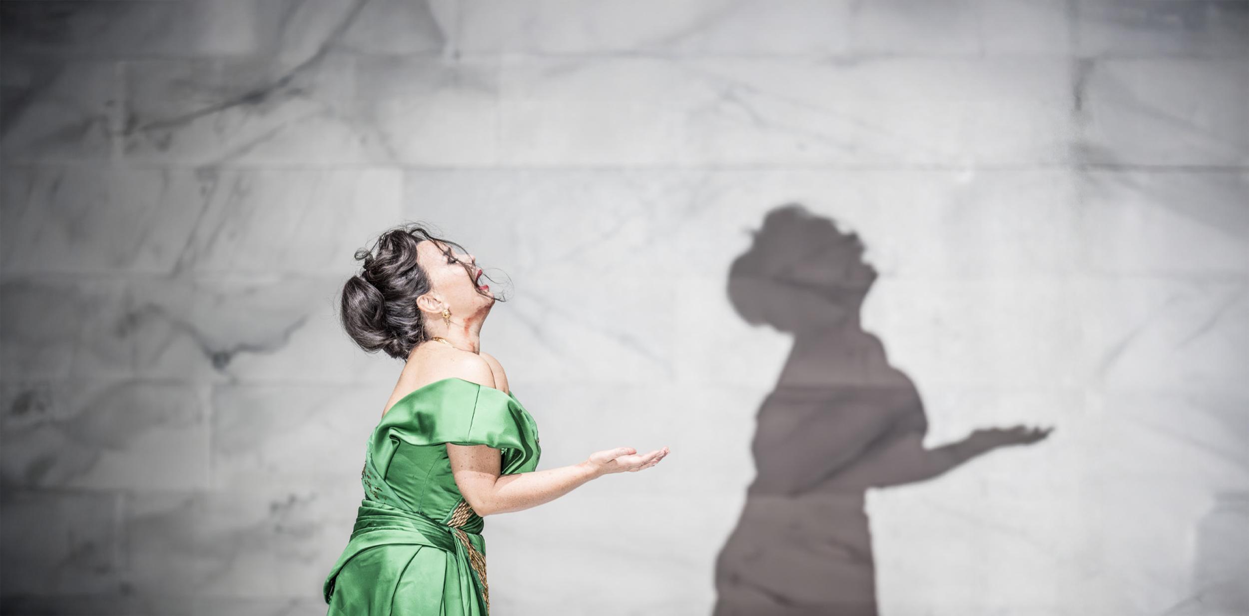 A woman in a green dress casting a shadow on to a marble wall.
