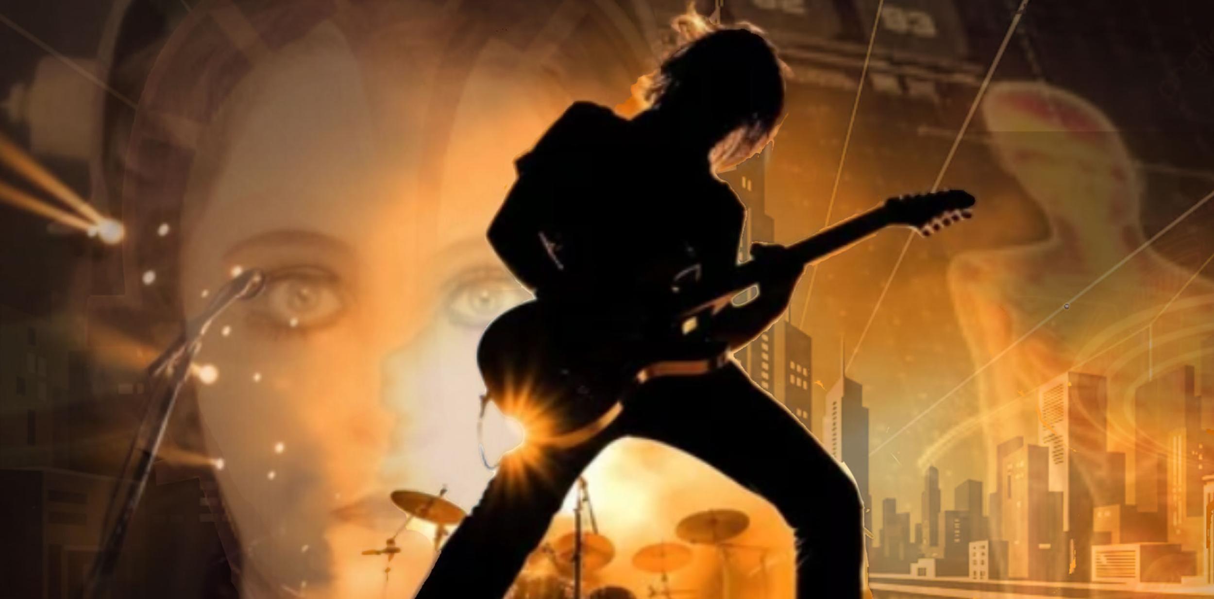 A silhouette of a person playing the guitar, with still from the film Metropolis in the background.