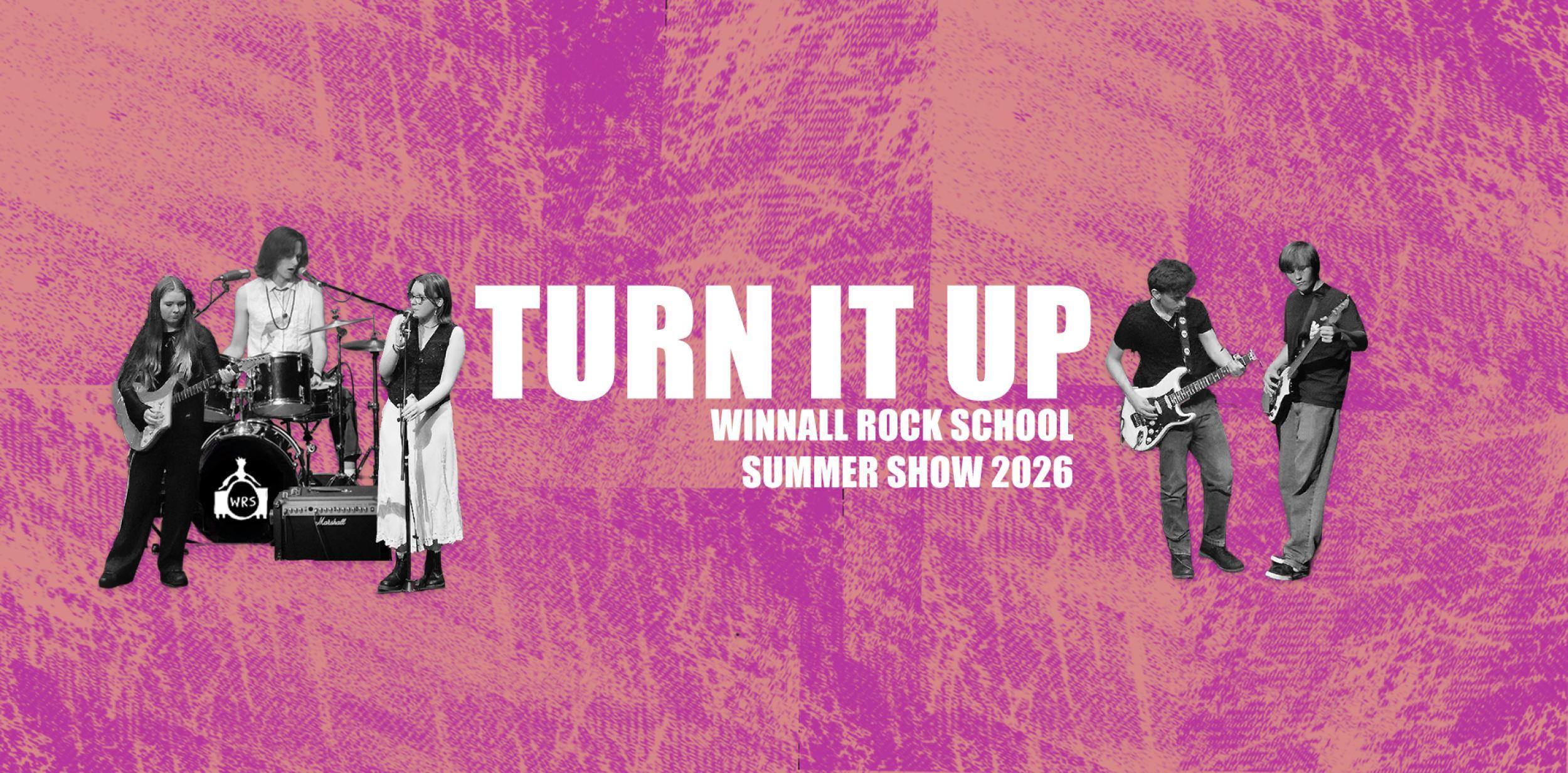 Title in white text over a pink and ornage background and black and white cut-outs of students playing instruments.