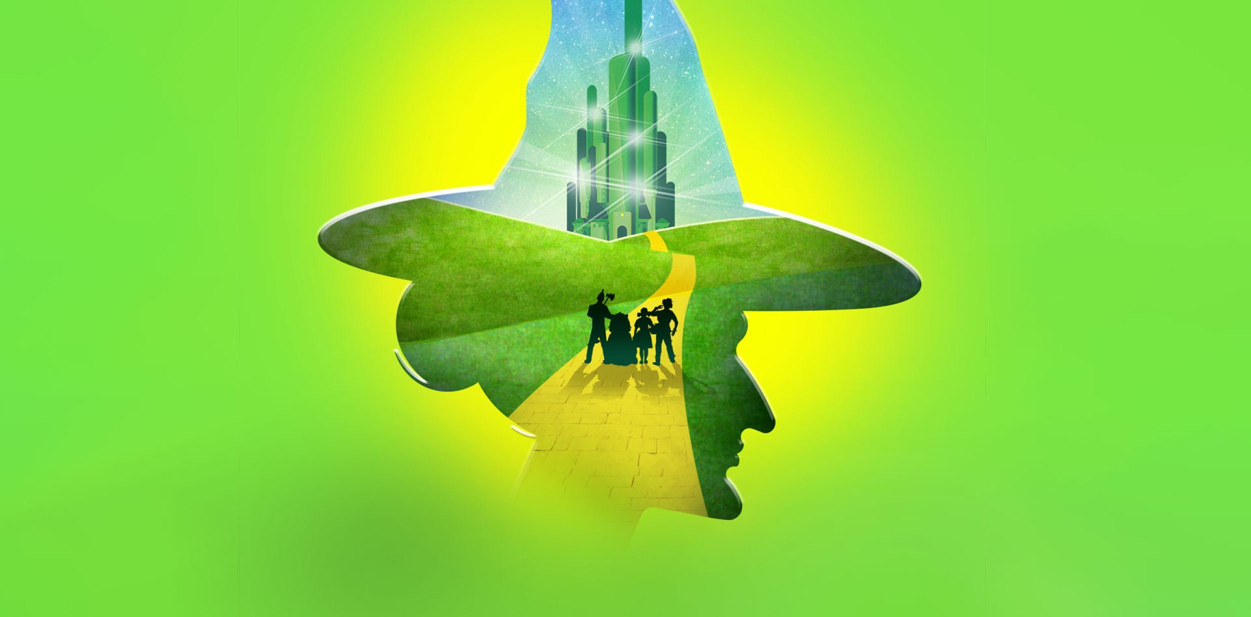 Wizard of Oz illustration. Witch silhouette with yellow brick road and emerald city.