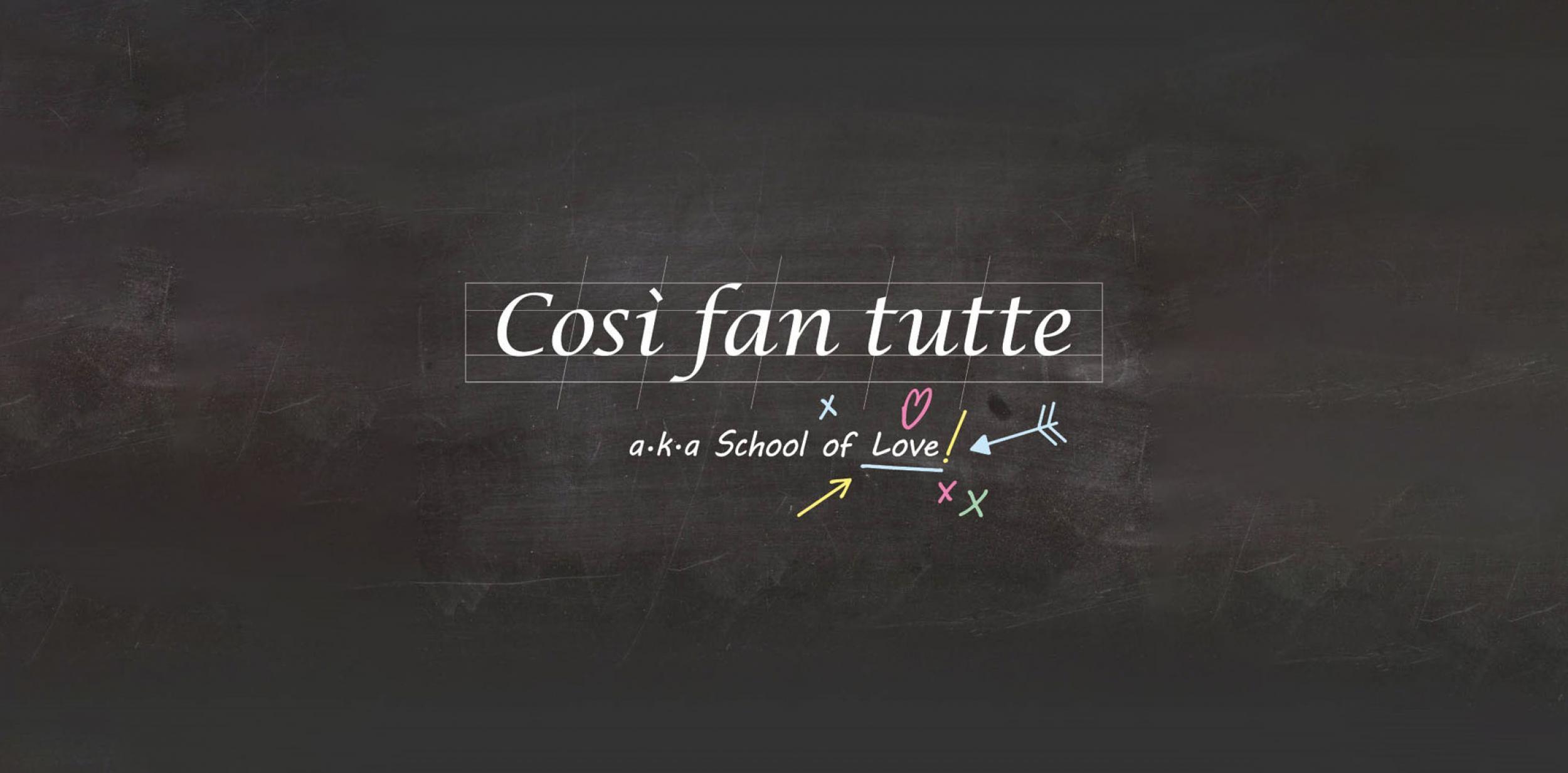 School blackboard with "Così fan tutte aka School of Love" written on it in chalk.