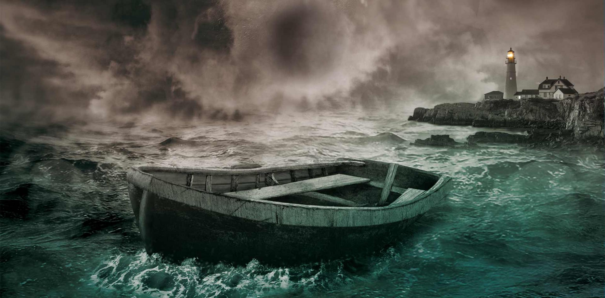 Boat in a thunderous sea