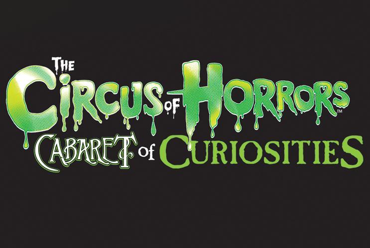 Black background with The Circus of Horrors Cabaret of  Curiosities title in green spooky font