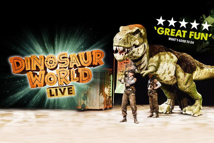 Trex puppet and keeper with Dinosaur World Live logo