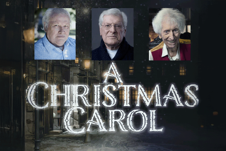 A Christmas Carol logo with a snowy victorian street background