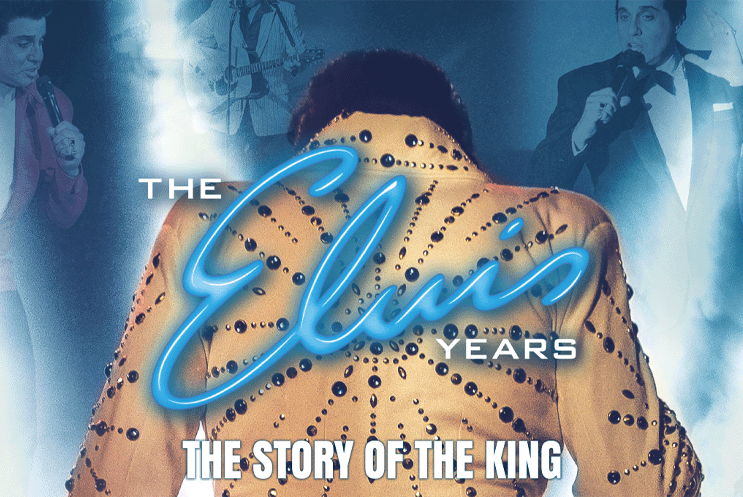Elvis impersonator with back to camera and title The Elvis Years