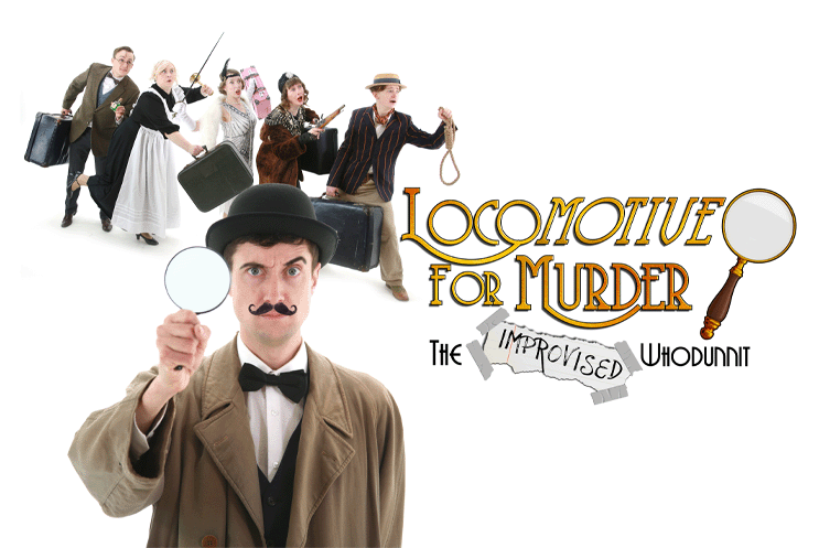 A detective holding up a magnifying glass, with a group of characters behind them