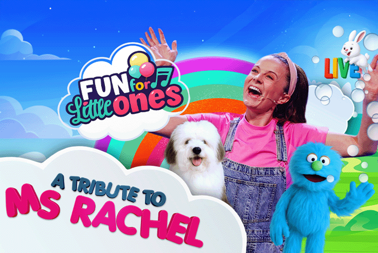A woman standing next to two puppets surround by clouds and a colourful background