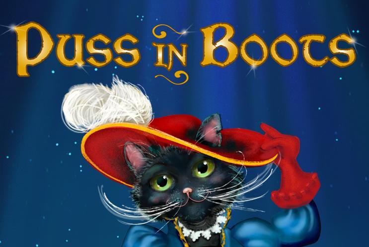 Puss in Boots title above Puss, a cartoon black cat wearing a musketeer style hat red hat.
