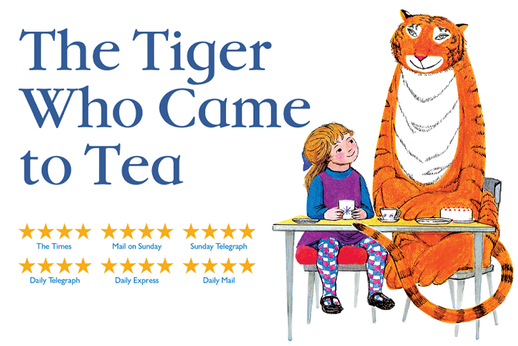 The Tiger Who Came to Tea title and illustration of a tiger having tea with a little girl
