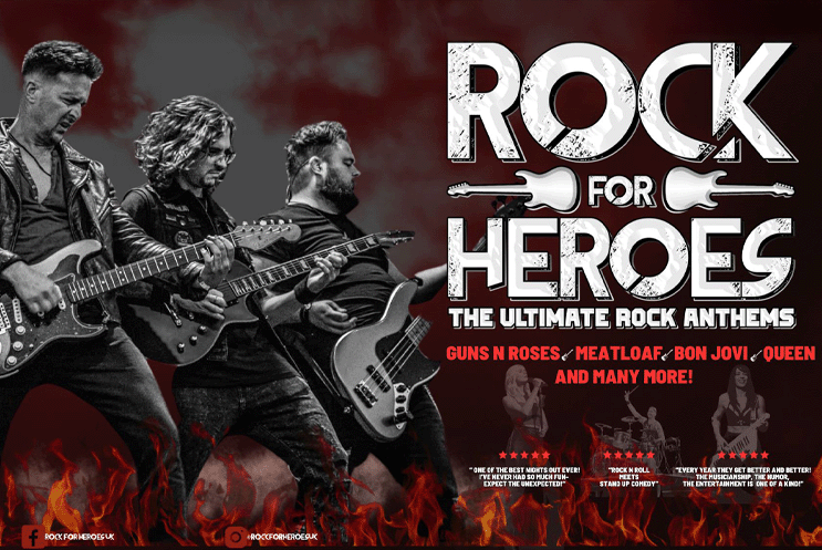 Rock for Heroes logo and three people playing guitars
