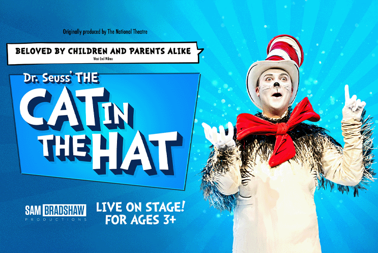 Cat in the Hat logo and a person in a Cat in the Hat costume