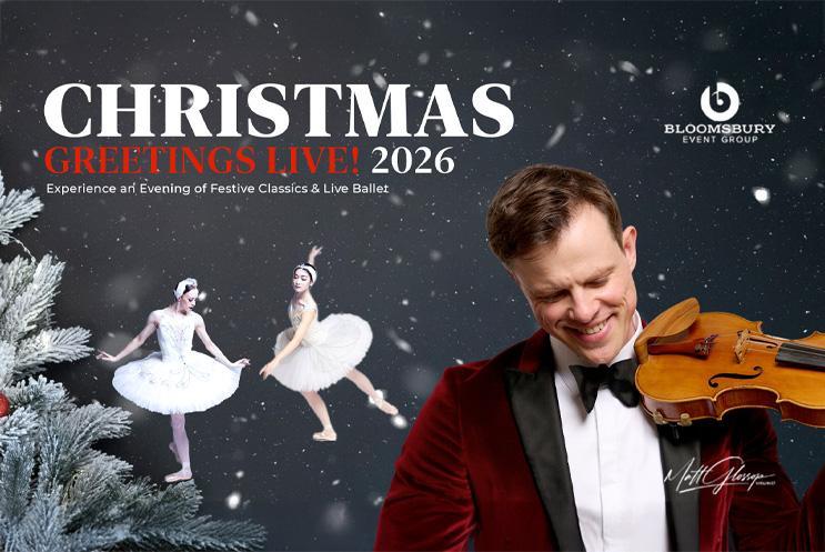 Christmas Greeting Live title with a Christmas tree and violinist Matt Glossop