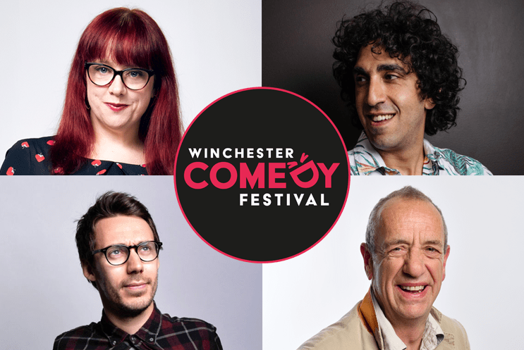 Winchester Comedy Festival logo with Angela Barnes, Arthur Smith, Ray Badran and Tom Deacon