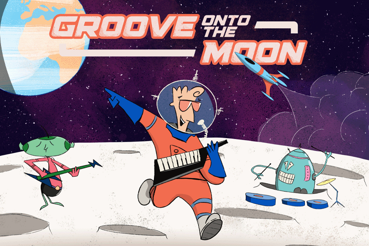 A cartoon illustration of an astronaut, an alien and a robot playing music on the moon