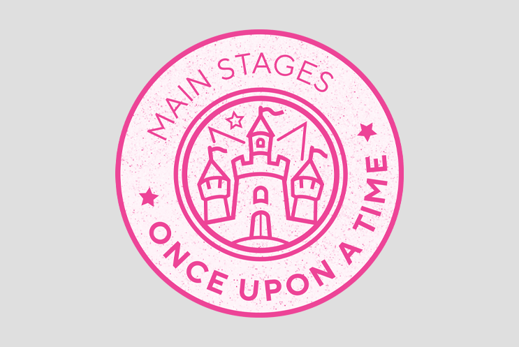 An illustration of a round badge with a castle on it