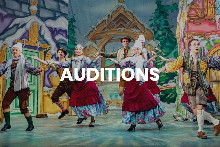 Young performers dancing on stage with text: Auditions