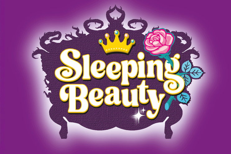 Text that reads "Sleeping Beauty" with an illustration of a crown and a rose.