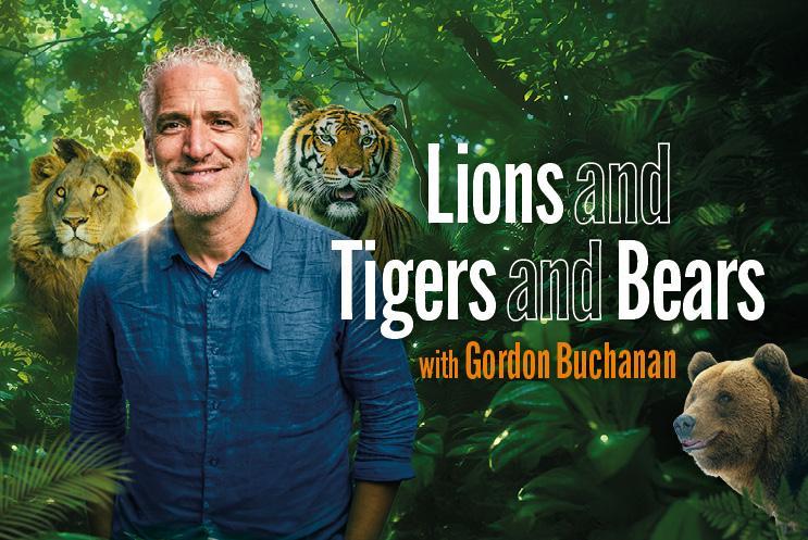 Gordan Buchanan in a forest alongside a lion, tiger and a bear.