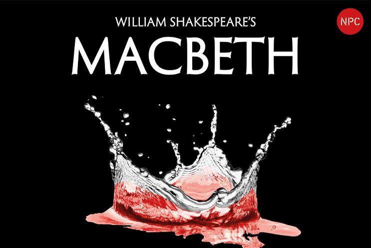 Red tinged water splashing to form the shape of a crown. Text: Macbeth