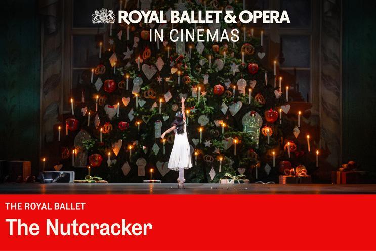 A ballet dancer reaching up to a giant Christmas tree. Text: The Nutcracker.