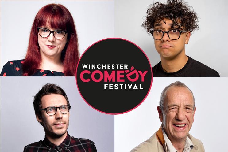 Winchester Comedy Festival logo with Angela Barnes, Arthur Smith, Josh Weller and Tom Deacon