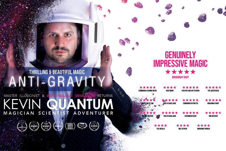 Kevin Quatum in a space suit surround by space-like matter.