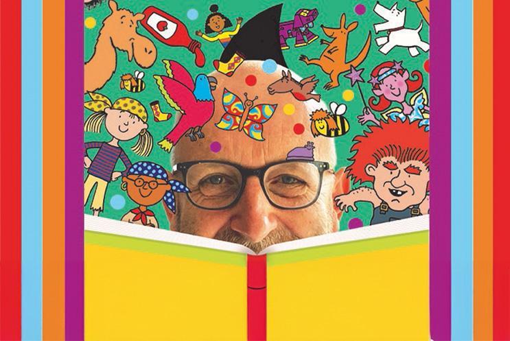 Nick peeping over a yellow book surrounded by his illustrations and stripey rainbow colours.
