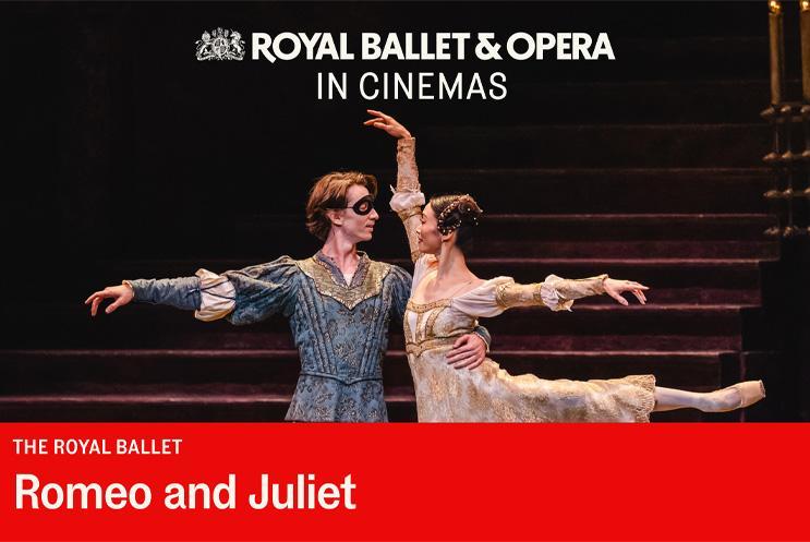 Romeo and Juliet dancing in masks. Text: Romeo & Juliet