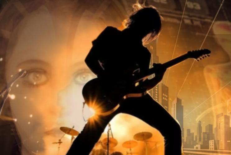 A silhouette of a person playing the guitar, with still from the film Metropolis in the background.