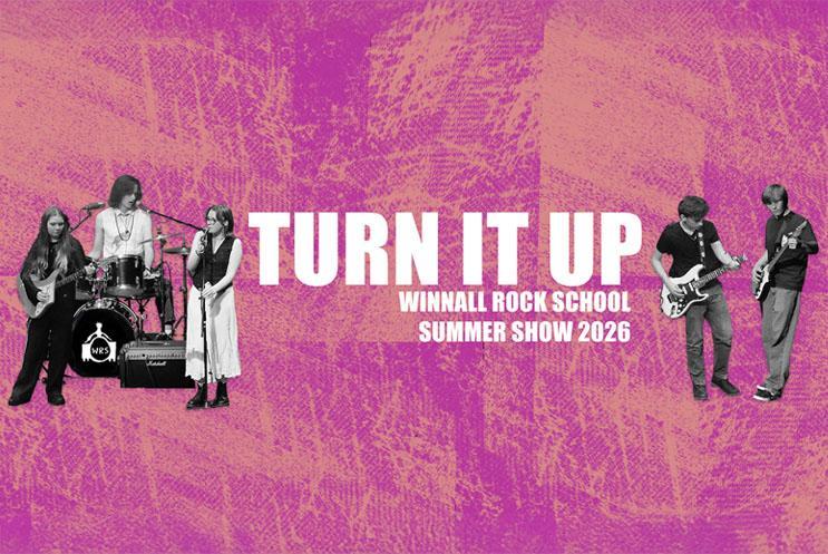 Title in white text over a pink and ornage background and black and white cut-outs of students playing instruments.