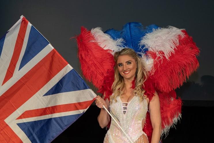 Female holding Union Jack scarf