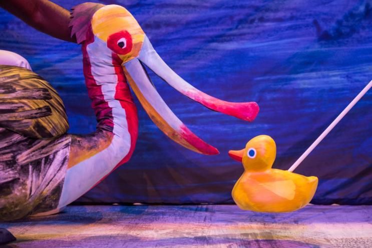 Pelican and duck puppet on stage