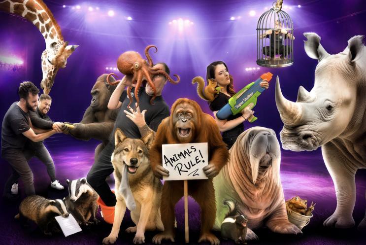 An ensemble of animals standing on a theatre stage