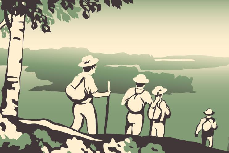 Illustration of people on a rural hike