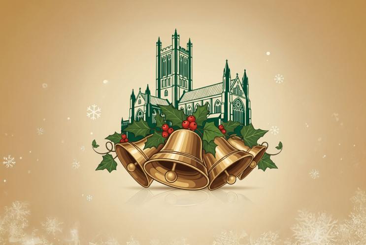 An illustration of Christmas bells in front of a cathedral