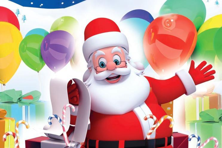 An illustration of Santa surrounded by presents and balloons