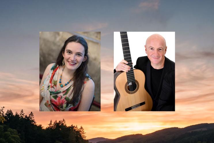 Images of a female and male musician against a sunset background