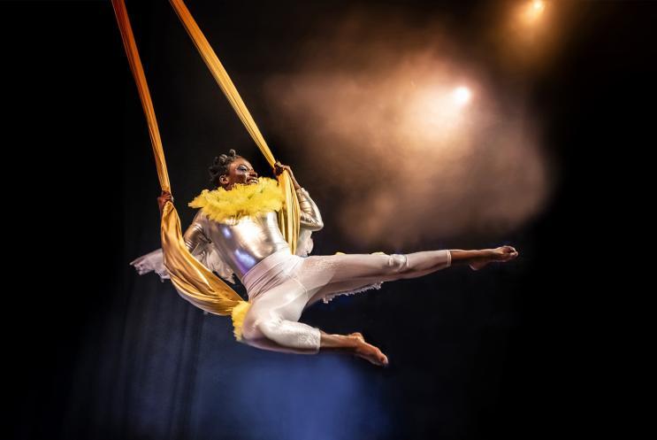 Aerial performer swinging on fabric and looking happy.